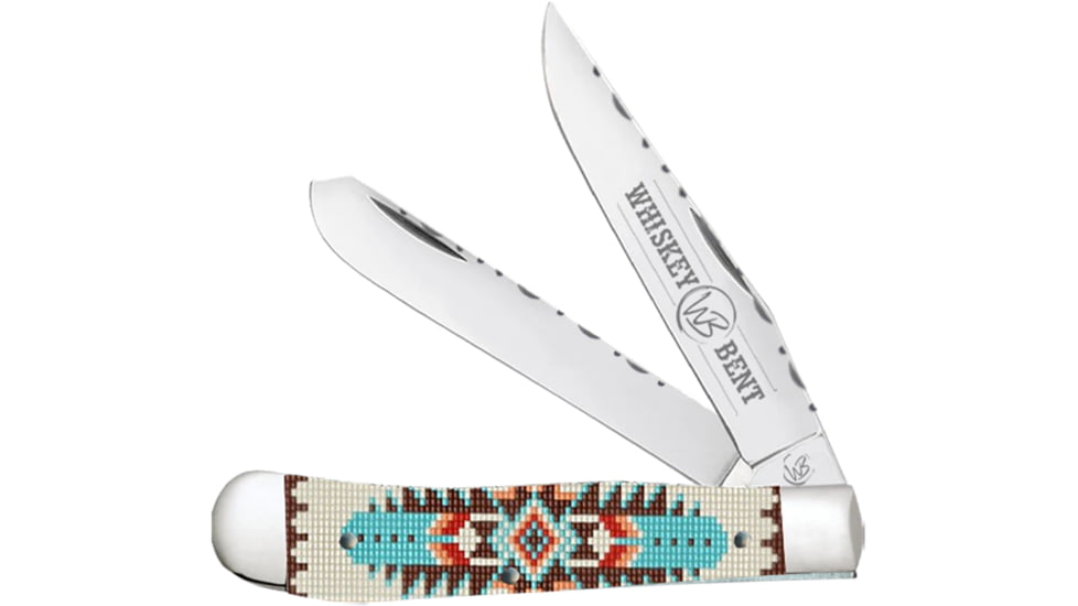 Whiskey Bent Knives Trapper Filework Folding Knife, Clip Point &amp; Spey Blades, 440 Steel Blade, 4.125in Closed Length, Acrylic Handle, Turquoise Bead, WB15F-01