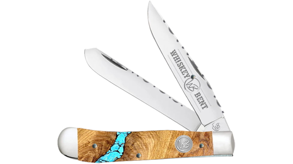 Whiskey Bent Knives Trapper Filework Folding Knife, Clip Point &amp; Spey Blades, 440 Steel Blade, 4.125in Closed Length, Acrylic Handle, Turquoise River, WB15F-14