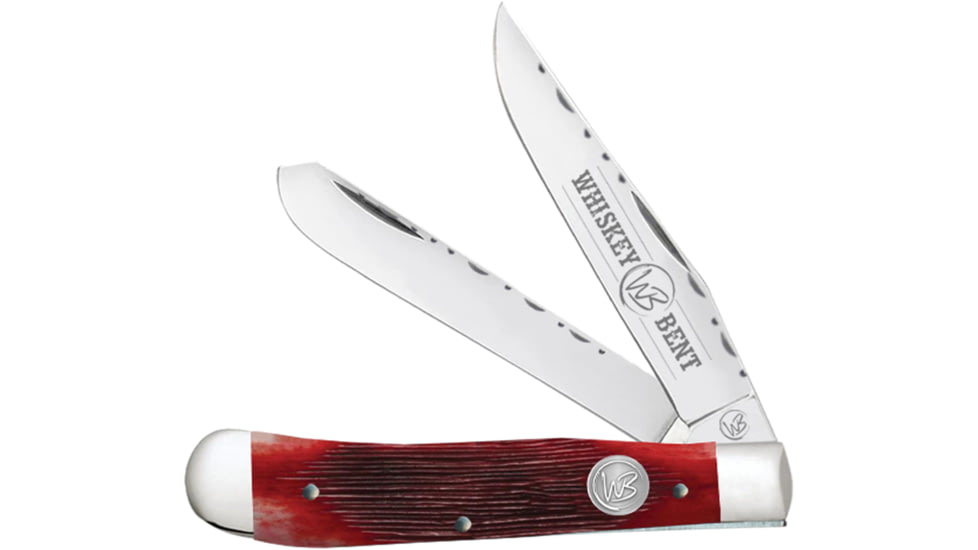 Whiskey Bent Knives Trapper Filework Folding Knife, Clip Point &amp; Spey Blades, 440 Steel Blade, 4.125in Closed Length, Natural Bone Handle, Black Cherry, WB15F-39