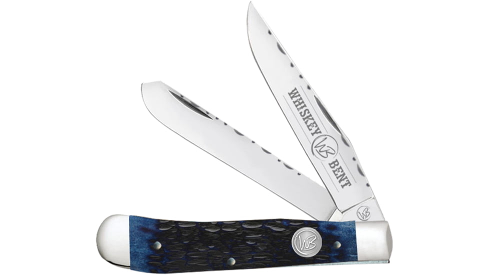 Whiskey Bent Knives Trapper Filework Folding Knife, Clip Point &amp; Spey Blades, 440 Steel Blade, 4.125in Closed Length, Natural Bone Handle, Blueberry, WB15F-32