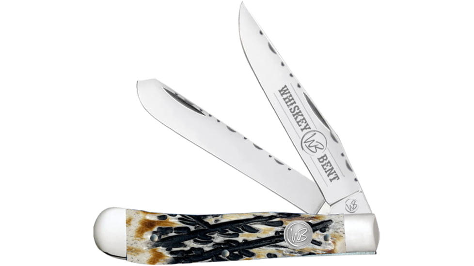 Whiskey Bent Knives Trapper Filework Folding Knife, Clip Point &amp; Spey Blades, 440 Steel Blade, 4.125in Closed Length, Natural Bone Handle, Carved Burnt Bone, WB15F-16