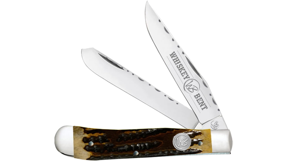 Whiskey Bent Knives Trapper Filework Folding Knife, Clip Point &amp; Spey Blades, 440 Steel Blade, 4.125in Closed Length, Natural Bone Handle, Honey Badger, WB15F-41