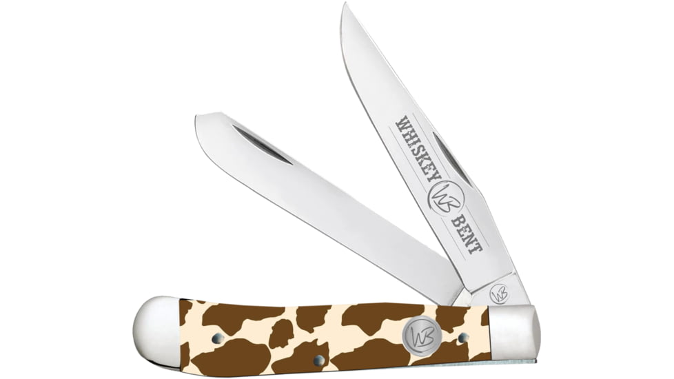 Whiskey Bent Knives Trapper Folding Knife, Slip Joint, 440 Steel Blade, 4.125in Closed Length, Acrylic Handle, Brown Hide, WB11-02