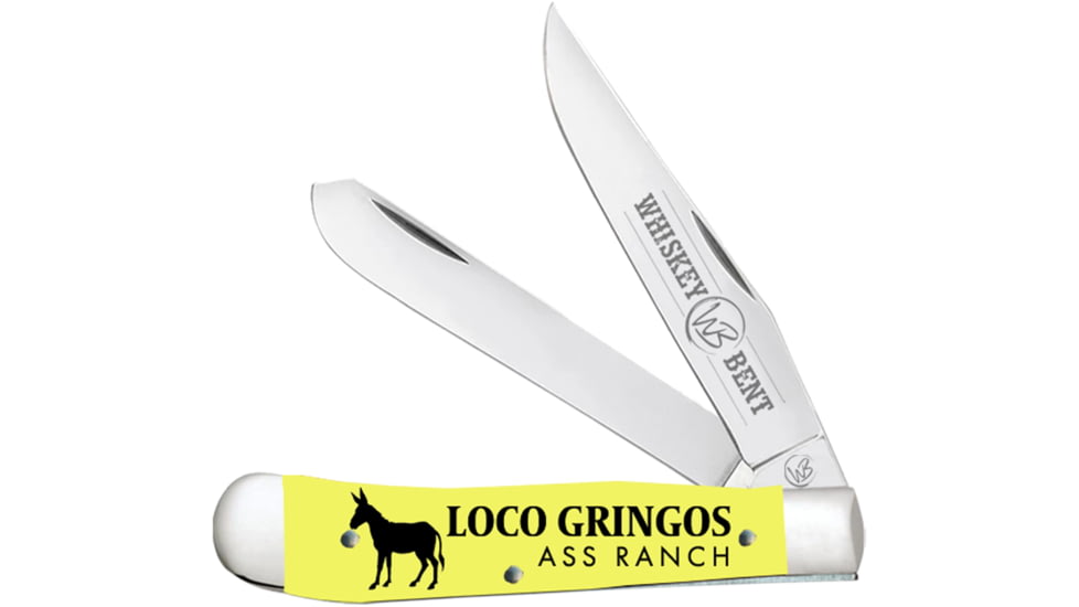 Whiskey Bent Knives Trapper Folding Knife, Slip Joint, 440 Steel Blade, 4.125in Closed Length, Acrylic Handle, Loco Gringos, WB11-34