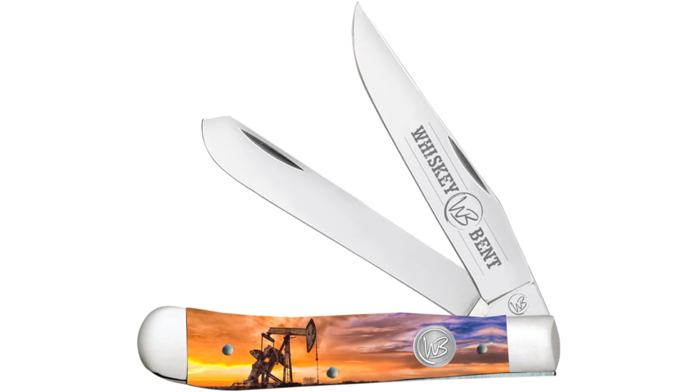 Whiskey Bent Knives Trapper Folding Knife, Slip Joint, 440 Steel Blade, 4.125in Closed Length, Acrylic Handle, Pump Jack Sunrise, WB11-12