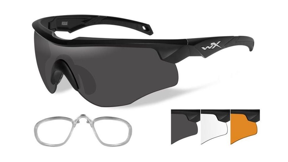 Wiley X Rogue Sunglasses,Matte Black Frame,Smoke Grey,Clear,Light Rust Lenses,RX Insert 2802RX