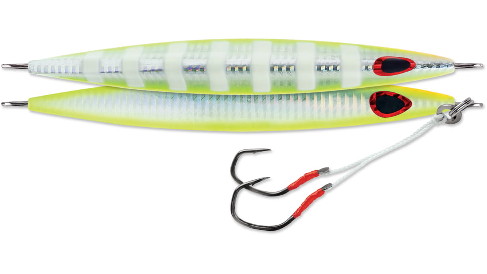Williamson Kensaki Jig 120, Sinking, VMC Double Assist HK, Chartreuse Glow Zebra Uv, 4-1/4oz, 5-1/4in, KSJ120UVCGZ