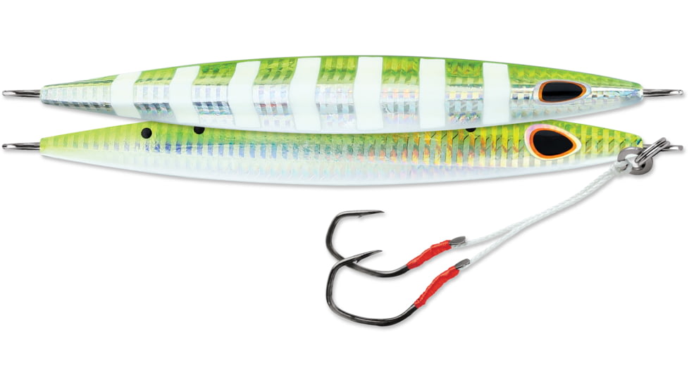 Williamson Kensaki Jig 220, Sinking, VMC Double Assist HK, Green Sardine Zebra Uv, 7-3/4oz, 6-3/4in, KSJ220UVGSZ