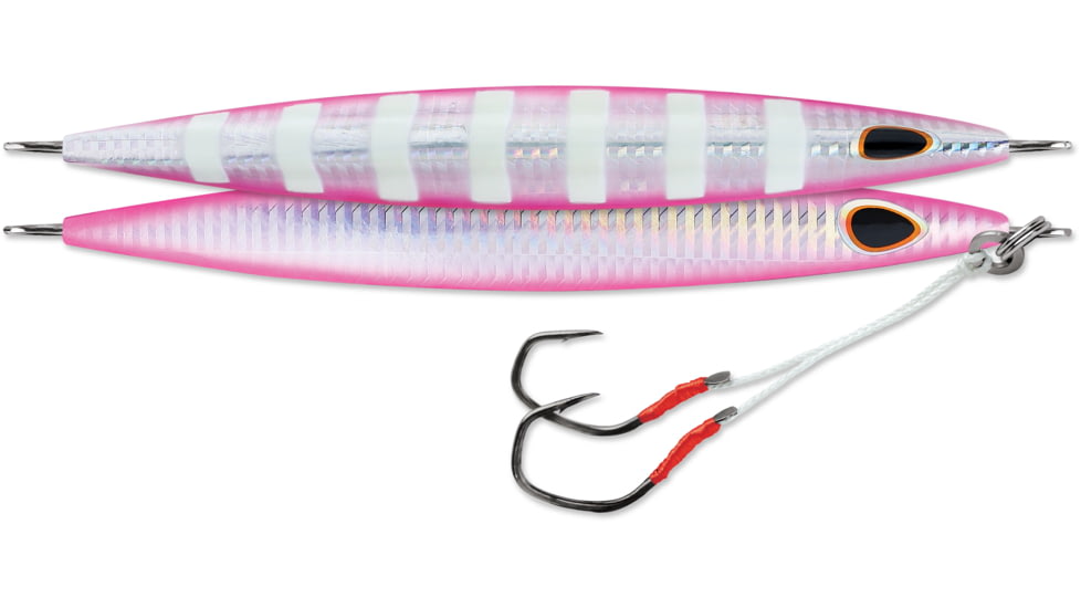 Williamson Kensaki Jig 220, Sinking, VMC Double Assist HK, Silver Pink Zebra, 7-3/4oz, 6-3/4in, KSJ220SPZ
