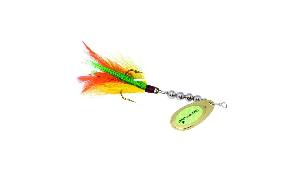 Windels Tackle Company Pike Harasser Bucktail Spinner, 5/0 Hook, Perch/Flame, #5 Blade, 4in, PH-8F