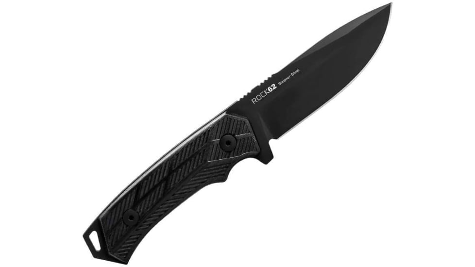 WOOX Rock 62 Fixed Blade Knife, 4.25 in, Drop Point, Mil-Spec Black, Sleipner Steel Blade, Engraved American Walnut Handle, Phantom Black, BU.KNF001.10