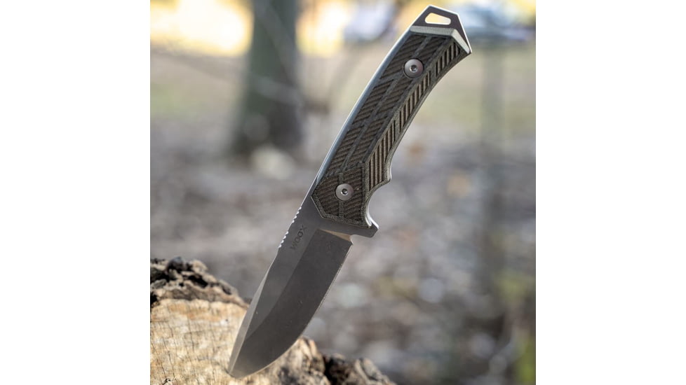 WOOX Rock 62 Fixed Blade Knife, 4.25 in, Drop Point, Stonewashed, Sleipner Steel Blade, Engraved German Micarta Handle, BU.KNF001.06