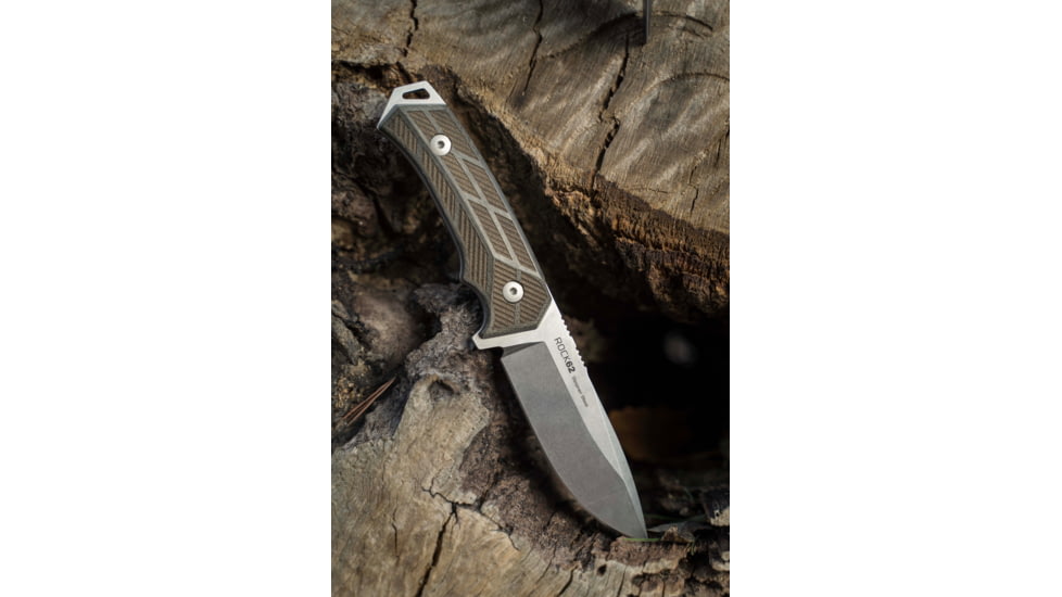 WOOX Rock 62 Fixed Blade Knife, 4.25 in, Drop Point, Stonewashed, Sleipner Steel Blade, Engraved German Micarta Handle, BU.KNF001.06