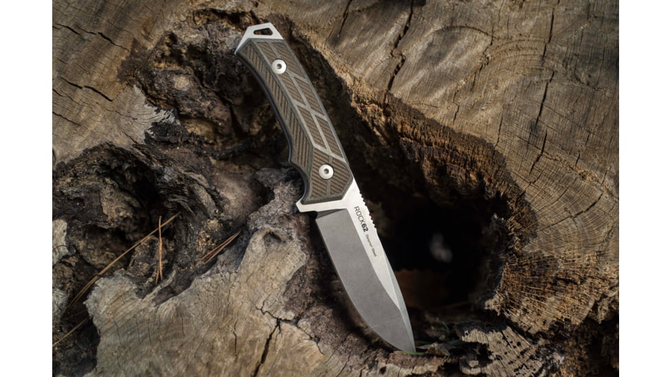 WOOX Rock 62 Fixed Blade Knife, 4.25 in, Drop Point, Stonewashed, Sleipner Steel Blade, Engraved German Micarta Handle, BU.KNF001.06