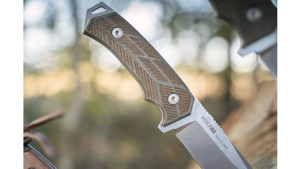 WOOX Rock 62 Fixed Blade Knife, 4.25 in, Drop Point, Stonewashed, Sleipner Steel Blade, Engraved German Micarta Handle, BU.KNF001.06