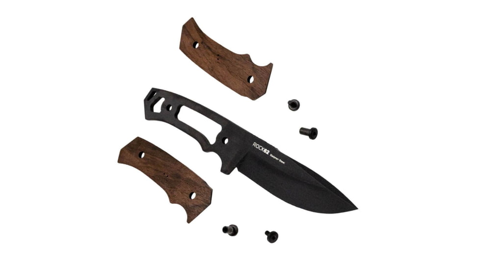 WOOX Rock 62 Fixed Blade Knife, 4.25 in, Drop Point, Mil-Spec Grey, Sleipner Steel Blade, Engraved American Walnut Handle, BU.KNF001.02
