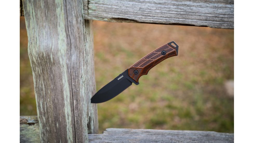 WOOX Rock 62 Fixed Blade Knife, 4.25 in, Drop Point, Mil-Spec Grey, Sleipner Steel Blade, Engraved American Walnut Handle, BU.KNF001.02