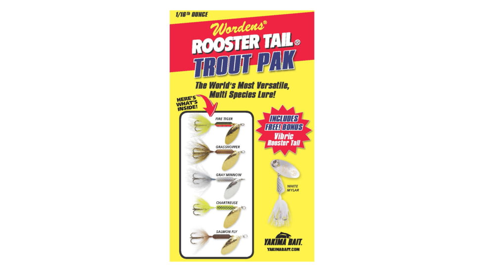 Wordens Original Rooster Tail Spinner Box Kit 1/16OZ Trout Pack w/single hooks, w/five Rooster Tail and one free Vibric, RTBX.206.S773