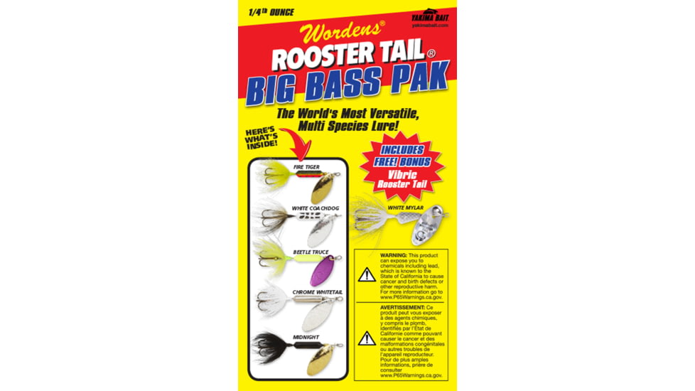 Wordens Original Rooster Tail Spinner Box Kit, 1/4OZ Big Bass Pack w/ five Rooster Tails and one free Vibric, RTBX.212.S777