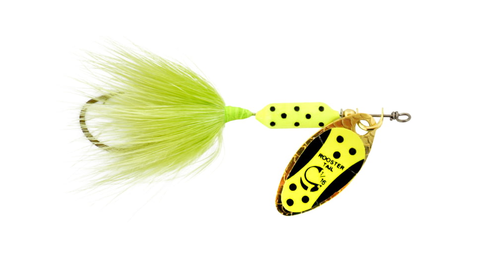 Wordens Rooster Tail 1/4 oz Chartreuse Dalmation Tux Original Rooster Tail Spinner, #6 Treble Hook, 212-CHDA-TUX