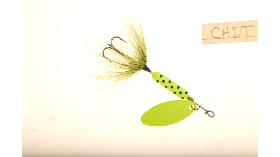 Wordens Rooster Tail In-Line Spinner, 2in, 1/16 oz Treble Hook, Chartreuse Dot Glitter, 206-CHDT-G