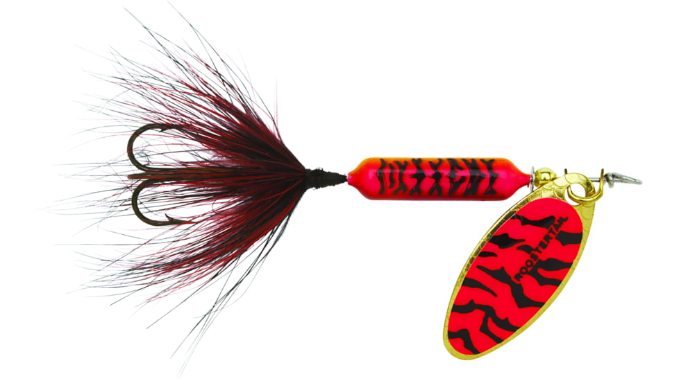 Wordens Rooster Tail In-Line Spinner, 2in, 1/16 oz Treble Hook, Fluorescent Red Black Tiger, 206-FRBT