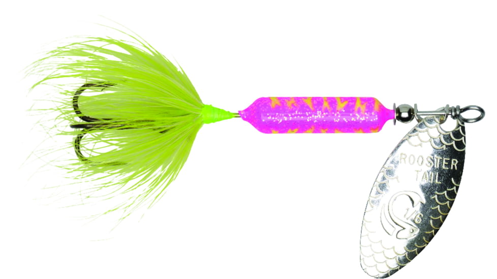 Wordens Rooster Tail In-Line Spinner, 2in, 1/16 oz Treble Hook, Glitter Pink Chartreuse Tiger, 206-GPCT