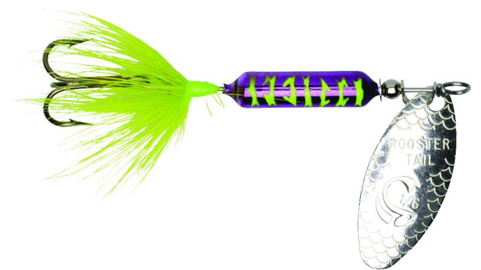 Wordens Rooster Tail In-Line Spinner, 2in, 1/16 oz Treble Hook, Metallic Purple Chartreuse Tiger, 206-MPCT