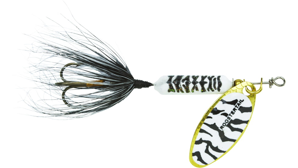 Wordens Rooster Tail In-Line Spinner, 2in, 1/16 oz Treble Hook, White Black Tiger, 206-WHBT