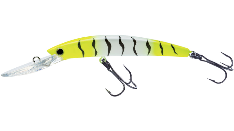 Yo-Zuri Crystal Minnow Deep Diver Walleye Trolling Bait 3/8oz 3-1/2in 7ft #6 Hooks, Chartreuse Tiger, R1205CLT