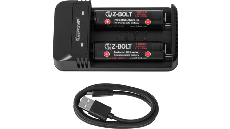Z-Bolt Rechargeable 18650 Batteries &amp; 2x Slot Chargers for High Discharge Flashlights, Weapon Lights, &amp; Illuminators, BATTS-2x-18650-CHRG