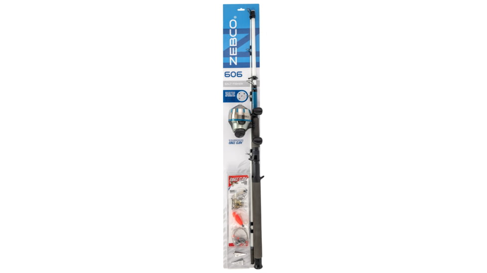 Zebco 606 Salt Fisher Spincast Reel and Rod Combo, 7ft 2-PC Telescopic Rod, Med-Heavy, Mod-Fast, SZ 60 Reel, 19-PC Eagle Claw Tackle Kit, RH Retrieve, Blue, 606SWEC702MH.FB4