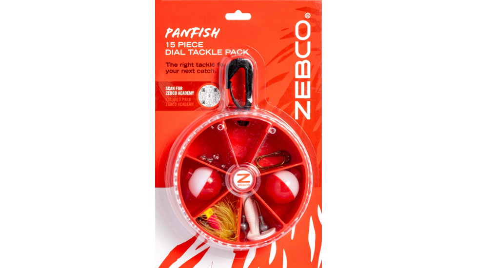 Zebco Crappie/Panfish Fishing Tackle Dial Pack, 15 Pieces, Hooks, Sinkers, Bobbers, Jig Heads, Grubs, Marabou Jig, Rotating Carabiner, Rotating Locking Clear Plastic Lid, Red, ZCPDIALPACK.CP4