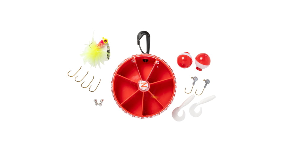 Zebco Crappie/Panfish Fishing Tackle Dial Pack, 15 Pieces, Hooks, Sinkers, Bobbers, Jig Heads, Grubs, Marabou Jig, Rotating Carabiner, Rotating Locking Clear Plastic Lid, Red, ZCPDIALPACK.CP4
