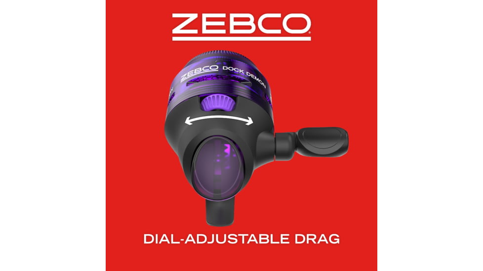 Zebco Dock Demon Spincast Reel and Rod Combo, 30in 1-PC Fiberglass Pole w/ EVA Handle, QuickSet Anti-Reverse Reel, Pre-Spooled w/ 6lb Zebco Line, Purple, DOCKPRSC301M.FB6