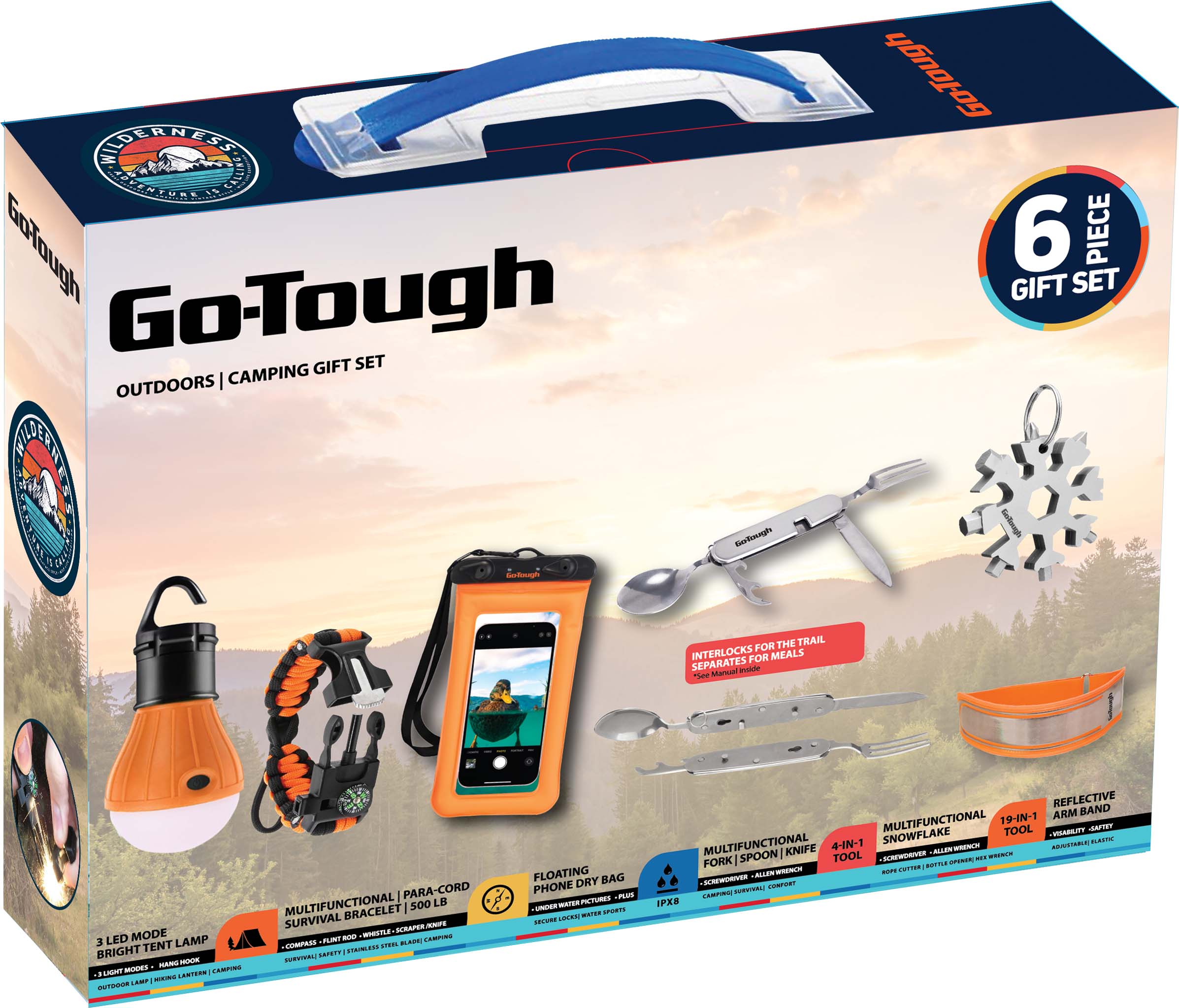 Go-Tough 7 Piece Camping Gift Set - Phone Pouch, Fork/Spoon/Knife